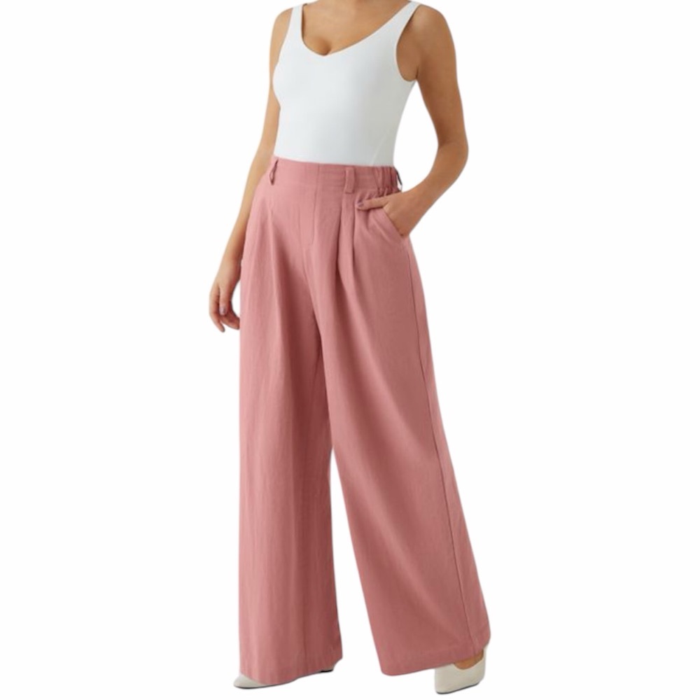 Halara Women‎ Large High Waist Pocket Wide Leg Waffle Solid Rose Tan Work Pants